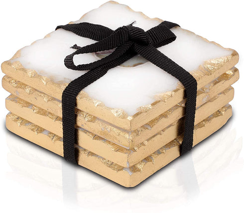 Bezrat Marble Coasters for Drinks - Set of 4 - Square - Modern Gold Edge Agate Stone Coaster - Tabletop Protection - Mothers Day Housewarming Gift
