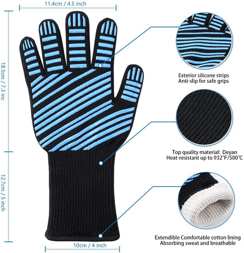 932„‰ Extreme Heat Resistant BBQ Gloves, Food Grade Kitchen Oven Mitts - Flexible Oven Gloves, Silicone Non-slip Cooking Hot Glove for Grilling, Baking (Blue, Palm Width 3.8 in)