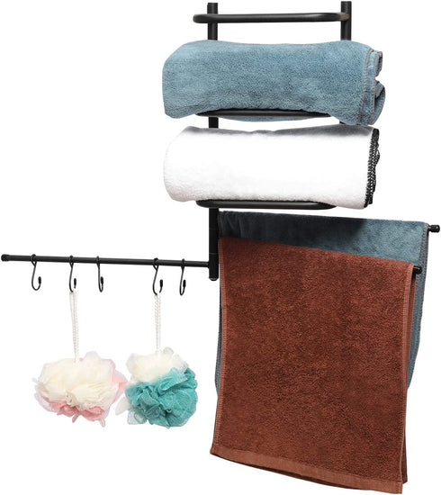 Towel Rack Holder&Organizer,Wall Mounted Metal Bathroom Towel Bar with 3 Swivel Arms 5 S-Hooks for Storage of Towels, Washcloths, Hand Towels