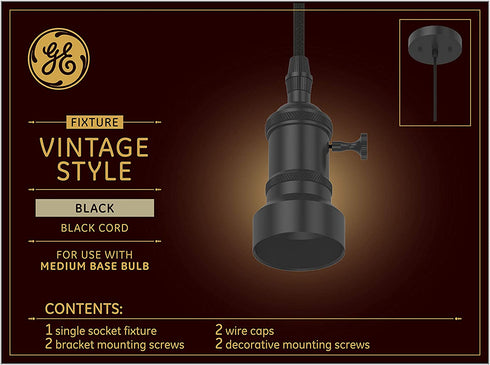 GE Vintage Style Pendant Light Fixture for Medium Base Bulb, 60-Watt Maximum, Black, 1-Pack