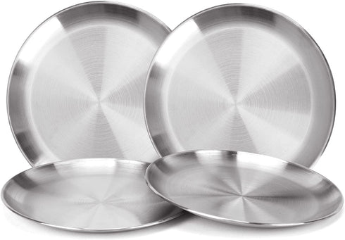 4-Piece 9" Stainless Steel Plates, Rutian 18/8 Metal Round 304 Dinner Dishes for Adults, Reusable and Dishwasher Safe, Serving Camping Salad Plate for Home, Outdoor Camping, Snack and BBQ