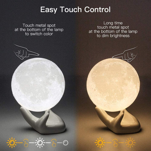 BRIGHTWORLD Moon Lamp, 3.5 inch 3D Printing Lunar Lamp Night Light with White Hand Stand as Kids Women Girls Boy Birthday Gift, USB Charging Touch Control Brightness Two Tone Warm Cool White