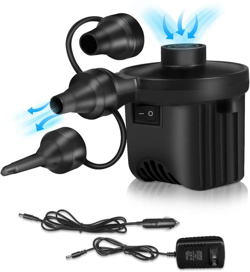 Electric Air Pump, Portable Quick-Fill Air Pump with 3 Nozzles, 110V AC/12V DC, Inflator/Deflator Pumps for Outdoor Camping, Inflatable Cushions, Air Mattress Beds, Boats, Swimming Ring and Toy Raft