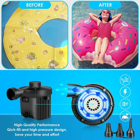 Electric Air Pump, Portable Quick-Fill Air Pump with 3 Nozzles, 110V AC/12V DC, Inflator/Deflator Pumps for Outdoor Camping, Inflatable Cushions, Air Mattress Beds, Boats, Swimming Ring and Toy Raft