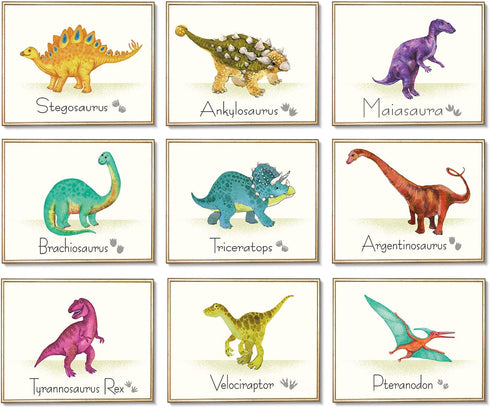 Outus 9 Pieces Dinosaur Wall Art Prints Dinosaurs Poster Wall Decals with Unframed Pictures Dinosaur Birthday Gift for Nursery and Kids Room Decorations