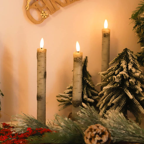 Fo32won LED Flameless Taper Candles Battery Operated with Remote and Timer, Pack of 3 Birch Bark Real Wax Window Candlesticks with 3D Flame Wick, 9.5 Inches Flickering Christmas Candlesticks