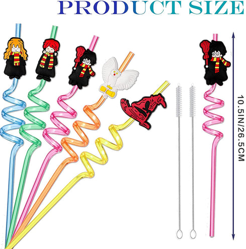 25 Harry Party Favors Straws, Reusable Plastic Straws 5 Design for Kids Wizard Potter Party Supplies Favors, with 2 Cleaning Brushes, Har/25
