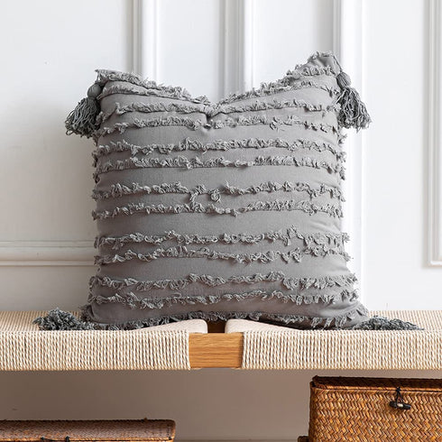 DEZENE Boho Throw Pillow Covers: Set of 2 18x18 Inch Square Light Grey Striped Jacquard Cotton Linen Decorative Pillow Cases for Home Decor Sofa Couch Farmhouse Living Room Bedroom