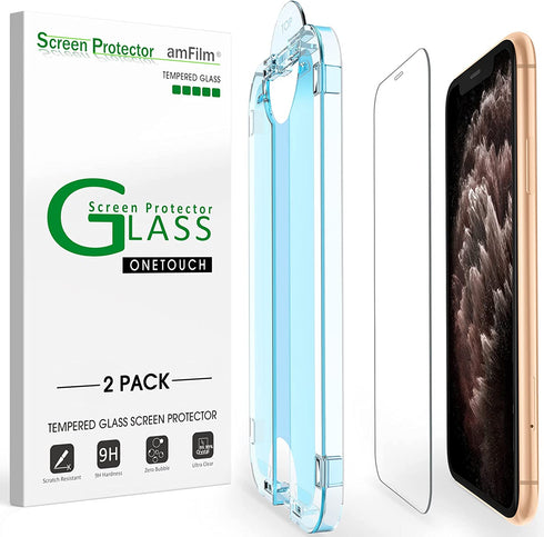 amFilm 2 Pack OneTouch Glass Screen Protector for iPhone 11 Pro (5.8") with Easy Installation Kit