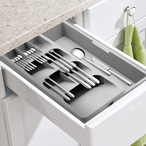 Sazoemao Kitchen Drawer Organizer Tray,Silverware Organizer Storage Tray,DrawerStore Compact Cutlery Expandable Organizer for Kitchen Drawer Holding Flatware Spoons Forks Grey