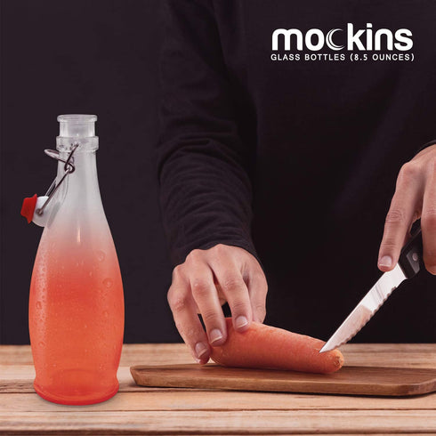Mockins Set of 6 | 8.5 Oz. Glass Bottle Set with Swing Top Stoppers and Includes Bottle Brush , Funnel and Gold Glass Marker | Clear Glass Water Bottle