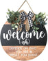 Welcome Sign Front for Door Decoration, 12 in Round Wood Wreaths Wall Hanging Outdoor, Farmhouse, Porch, for Spring Summer Fall All Seasons Holiday Christmas (Black)