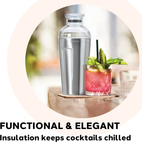 Oggi Groove Insulated Cocktail Shaker-16oz Double Wall Vacuum Insulated Stainless Steel Shaker, Tritan Lid has Built In Strainer, Ideal Cocktail Mixer, Martini Shaker, Margarita Shaker, Stainless,7404