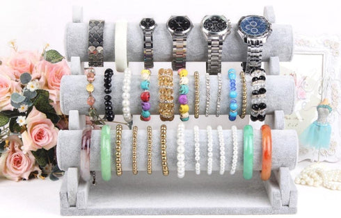 Triple Bracelet Holder Jewelry Display Stand Watch Bangle Bar Necklace Storage Organizer Gray ( Ice Velvet 3 Tier )