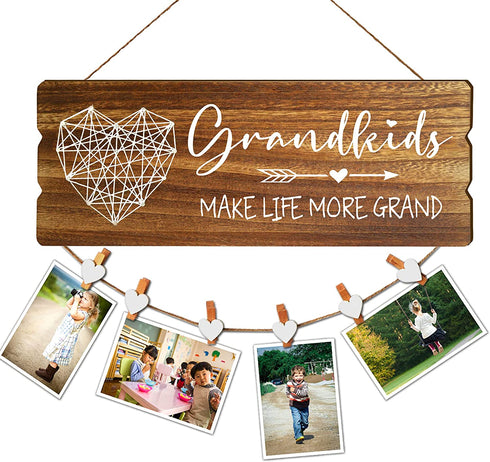 Buecasa Gifts for Grandma from Grandchildren - Grandkids Make Life More Grand Wooden Picture Holder with 6 Heart Clips 15.8x6.0 Inches