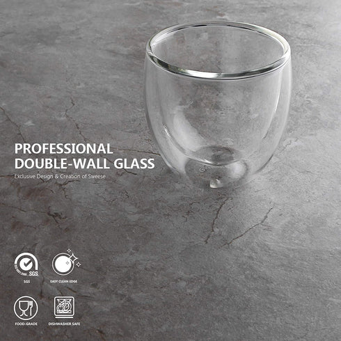Sweese 408.101 Espresso Cups - 4 Ounce (Top to The Rim), Double-Wall Insulated Glasses - Handmade Glass - Set of 4