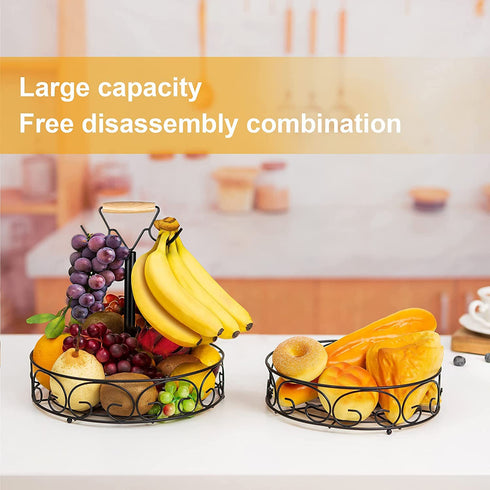 2-Tier Fruit Basket Bowl with Banana Hanger for Kitchen, Detachable Vegetables Countertop Storage for Kitchen Organizer, Large Capacity Home Decor Fruit Stand Holder Tray for Bread, Snacks, Black