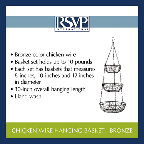 RSVP International Hanging Storage Collection 3-Tier Baskets, Bronze Chicken Wire