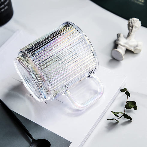 Glass Mugs, Iridescent Glass Coffee Mug with Lid, Glass Coffee Cups, Extra Large Glass Coffee Mug with lids, Clear Mugs for Coffee,12.5 Ounces, Bamboo Lid