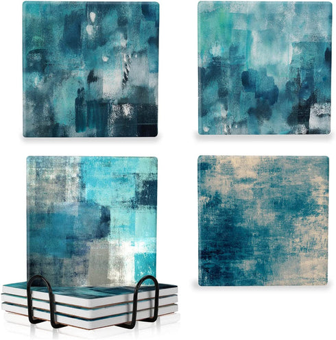 Dewitadi Coasters with Holder Set of 4 Coasters Square for Drinks - Ocean Green Pattern Absorbent Stone Waterproof Cup Mats Drink Coasters for Tabletop Protection 4x4 Inches