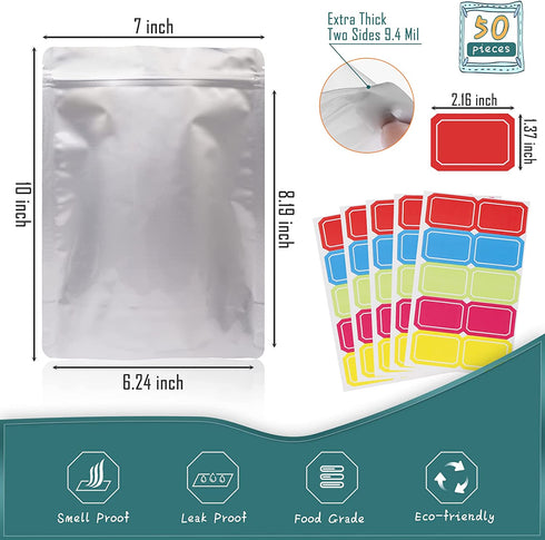 50 Pack Extra Thick 9.4 Mil 7''x10''-1 Quart Mylar Bags for Long-term Food Storage with 50 Labers,Resealable Smell Proof Heat Sealable Bags for Edible Packaging,Stand-up Foil Pouch Bag for Rice Tea