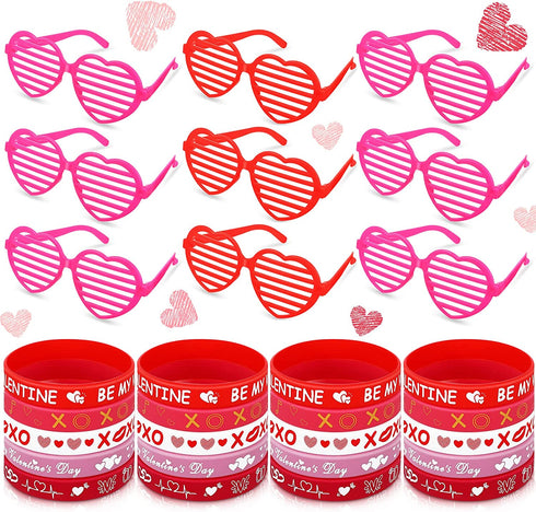 40 Pcs Valentines Day Party Favors 20 Pcs Valentines Heart Shutter Glasses 20 Pcs Valentines Silicone Wristband Rubber Bracelets for Valentine's Day Party Supplies Birthday Party Costume Accessory