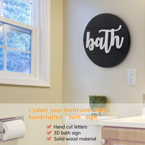 Modern Rustic 3D Bath Sign,Shiplap Farmhouse Bathroom Round Sign for Wall Hanging Decor, Handcrafted €œBath Sign Home Wooden Sign (Matt Black)