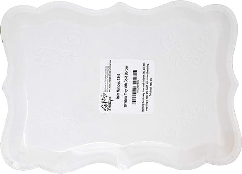 10 White Rectangle Trays with Gold Rim Border for Elegant Dessert Table Serving Parties 9" X 13" Heavy Duty Disposable Paper Cardboard for Platters, Cupcake Display, Birthday Party, Weddings Food Safe