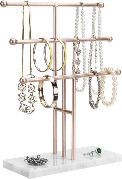MyGift 3-Tier Rose Gold-Tone Metal Jewelry Stand Organizer, T Bar Necklace and Bracelet Display with Stone Base Ring Tray
