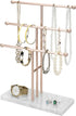 MyGift 3-Tier Rose Gold-Tone Metal Jewelry Stand Organizer, T Bar Necklace and Bracelet Display with Stone Base Ring Tray