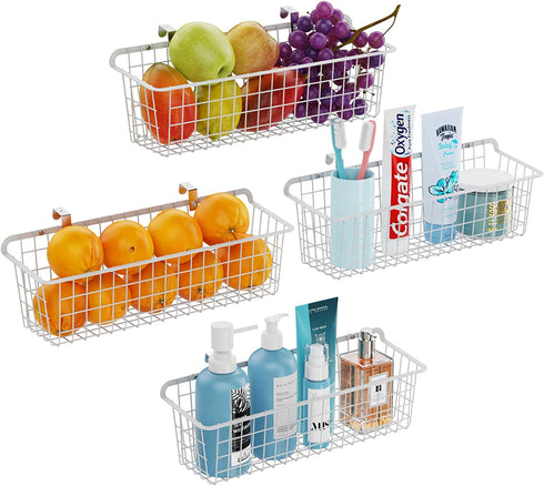 Wall Basket, Cambond Metal Wall Mounted Wire Baskets for Storage, Durable Hanging Wire Wall Basket Pantry Organizer for Kitchen, Home, Office, Bathroom, Garage, Mount Hooks Included 4 Pack (White)