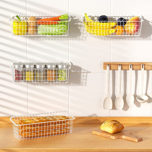 Wall Basket, Cambond Metal Wall Mounted Wire Baskets for Storage, Durable Hanging Wire Wall Basket Pantry Organizer for Kitchen, Home, Office, Bathroom, Garage, Mount Hooks Included 4 Pack (White)