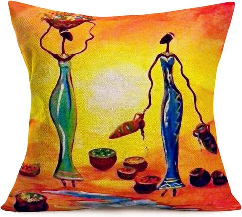 Smilyard African Decor Throw Pillow Covers Cotton Linen Oil Painting African Women Print Outdoor Pillow Covers Cushion Home Decorations 18x18 Inch Set of 4 Couch Pillow Case (Woman Set)