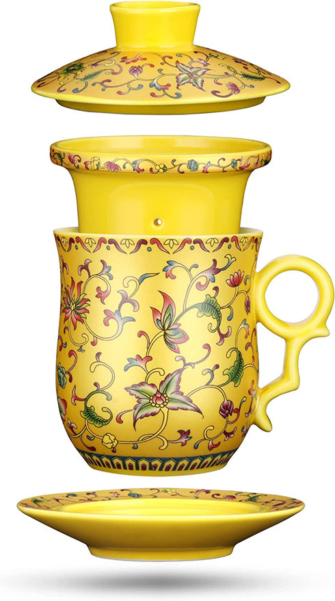 Tea Mug with Strainer Infuser/Lid/Saucer Ceramic Tea Cup Convenient System Chinese China JINGDEZHEN Porcelain Personal Travelling Teacup Set, Noble Enamel Yellow, 13.5oz(400ml)