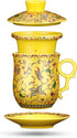 Tea Mug with Strainer Infuser/Lid/Saucer Ceramic Tea Cup Convenient System Chinese China JINGDEZHEN Porcelain Personal Travelling Teacup Set, Noble Enamel Yellow, 13.5oz(400ml)