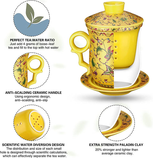 Tea Mug with Strainer Infuser/Lid/Saucer Ceramic Tea Cup Convenient System Chinese China JINGDEZHEN Porcelain Personal Travelling Teacup Set, Noble Enamel Yellow, 13.5oz(400ml)