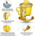 Tea Mug with Strainer Infuser/Lid/Saucer Ceramic Tea Cup Convenient System Chinese China JINGDEZHEN Porcelain Personal Travelling Teacup Set, Noble Enamel Yellow, 13.5oz(400ml)