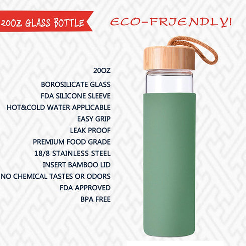 Yomious 20 Oz Borosilicate Glass Water Bottle with Bamboo Lid and Silicone Sleeve BPA Free