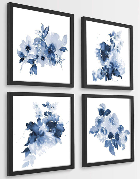 ArtbyHannah 10x10 Framed Blue Floral Wall Art Set of 4 with Black Frames and Flower Print for Gallery Walls or Bathroom Bedroom Decoration