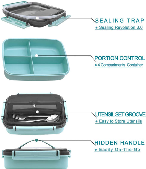 MINCOCO Bento Lunch Box Leak-proof Eco-Friendly Bento Box Food Storage Containers with Sauce Jar and Stainless Spoon&Fork for Adults Women Men Kids