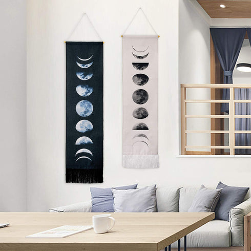 Tapestry Wall Hanging Tapestries Nine Phases of the Full Growth Cycle of the Moon Wall Tapestry Cotton Linen Wall Art, Modern Home Decor (Black + White Moon Phase Change, 12.99" x 52.75")