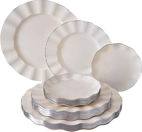 PARTY DISPOSABLE 30 PC DINNERWARE SET | 10 Dinner Plates | 10 Salad Plates | 10 Dessert Plates | Heavyweight Plastic Dishes | Fine China Look | Upscale Wedding and Dining (Veil Collection - Ivory)