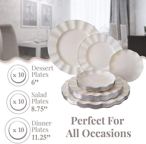 PARTY DISPOSABLE 30 PC DINNERWARE SET | 10 Dinner Plates | 10 Salad Plates | 10 Dessert Plates | Heavyweight Plastic Dishes | Fine China Look | Upscale Wedding and Dining (Veil Collection - Ivory)