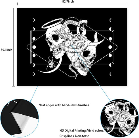 Skull Tapestry Skeleton Tapestry Gothic Tapestry Human Heart Tapestry Snake Moon Phase Tapestry Black and White Tapestry Wall Hanging for Room(59.1 x 82.7 inches)