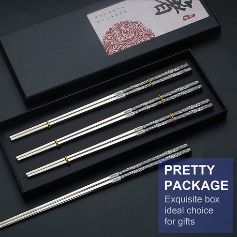 Reusable Chopsticks 3 Pairs Metal Chopsticks Stainless Steel Titanium Plated Chop Sticks Dishwasher Safe Gift Box (Black Silver)