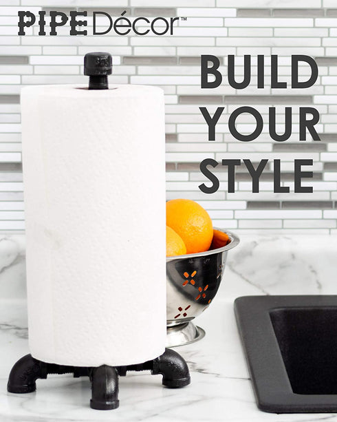 Pipe D‰COR Black Electroplated Industrial Paper Towel Holder, Rustic Kitchen Farmhouse Decoration, Durable Metal Base and Stand Set