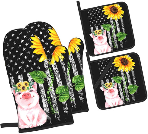 Oven Mitts and Pot Holders Sets Farmhouse Sunflower Pig American Flag Kitchen Microwave Gloves and Hot Pads Potholders with Cotton Liner Grip Cooking Mitts for Baking Cooking Grilling BBQ