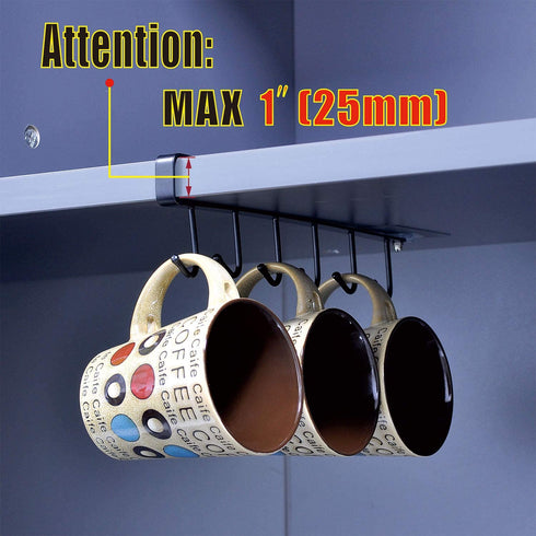 ECROCY Adhesive Cup Holder Under Cabinet - 3pcs x 6 Hook Coffee Cup Mug Holder for Kitchen, Fit for 1 Inch Thickness Shelf or Less - Only Fit for Flat Buttom Cabinet Without Any Lip