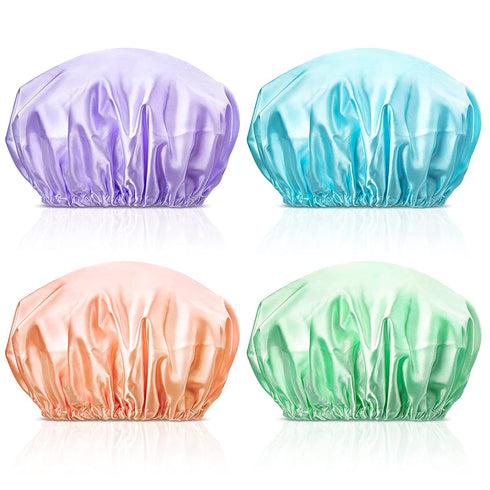 POPCHOSE Shower Cap, Large Shower Caps for Women Long Hair, Reusable Double Layer Waterproof Shower Hair Bath Cap, Stylish Satin Hair Bonnet, Soft Comfortable EVA Lined Shower Hat for All Hair Length