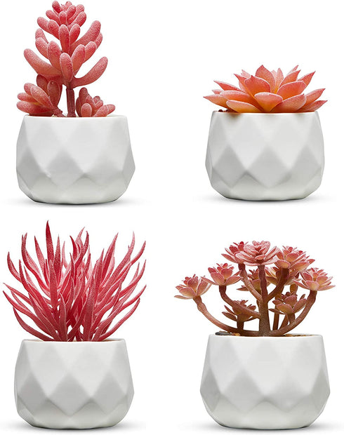 Nordik Set of 4 Desk Plants - Office Decor for Women Desk, Indoor, Living Room, Bedroom, Home and Desk Decor Pink Faux Succulents in White Geometric Ceramic Planters